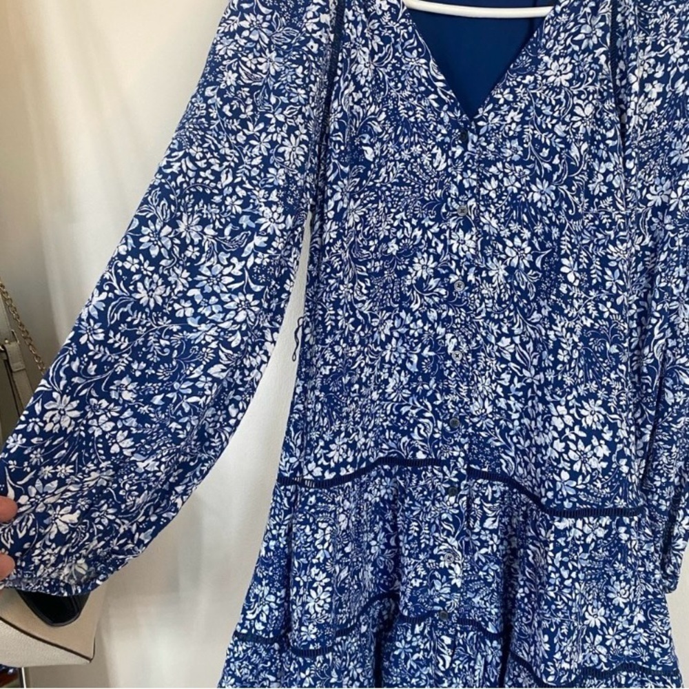Madewell Blue White Ditsy Floral Flowy mini dress V-neck long sleeve oversized - Picture 4 of 9